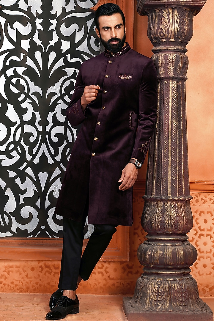 Wine Velvet Zardosi Embroidered Wedding Sherwani Set by AJAY KMR at Pernia's Pop Up Shop