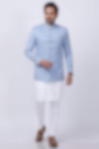 Powder Blue Embroidered Bandhgala Set by AJAY KMR