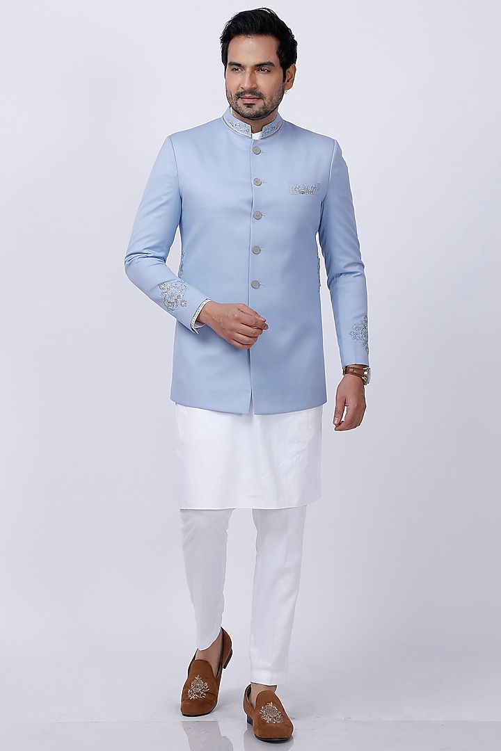 Powder Blue Embroidered Wedding Bandhgala Set by AJAY KMR at Pernia's Pop Up Shop