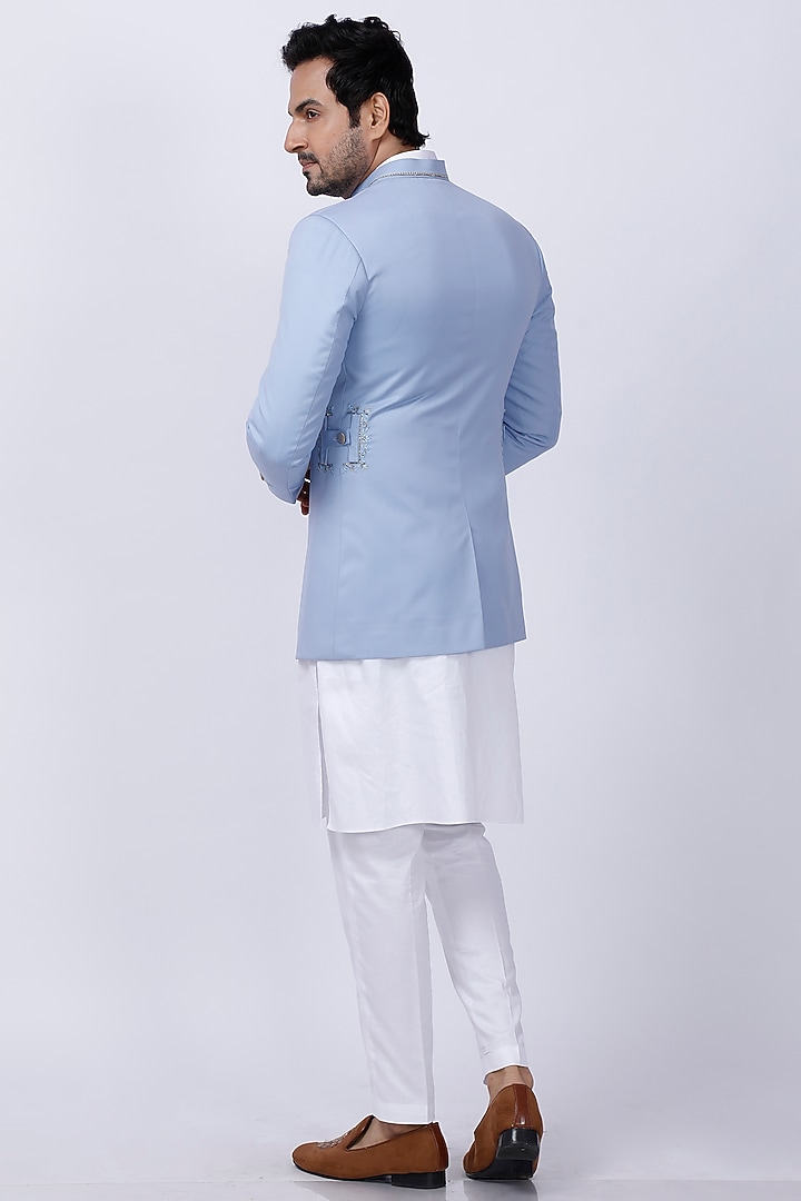 Powder Blue Embroidered Wedding Bandhgala Set by AJAY KMR at Pernia's Pop Up Shop