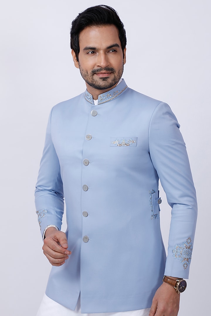 Powder Blue Embroidered Wedding Bandhgala Set by AJAY KMR at Pernia's Pop Up Shop