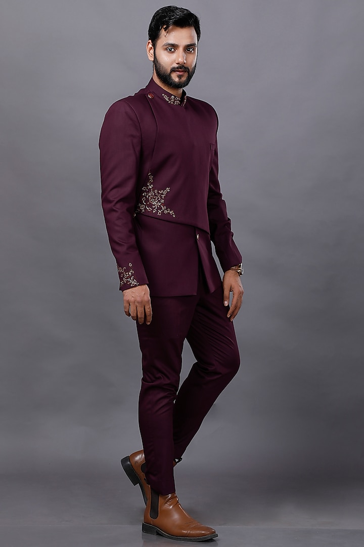 Wine Embroidered Bandhgala Set by AJAY KMR