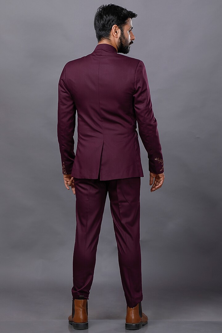Wine Embroidered Wedding Bandhgala Set by AJAY KMR at Pernia's Pop Up Shop