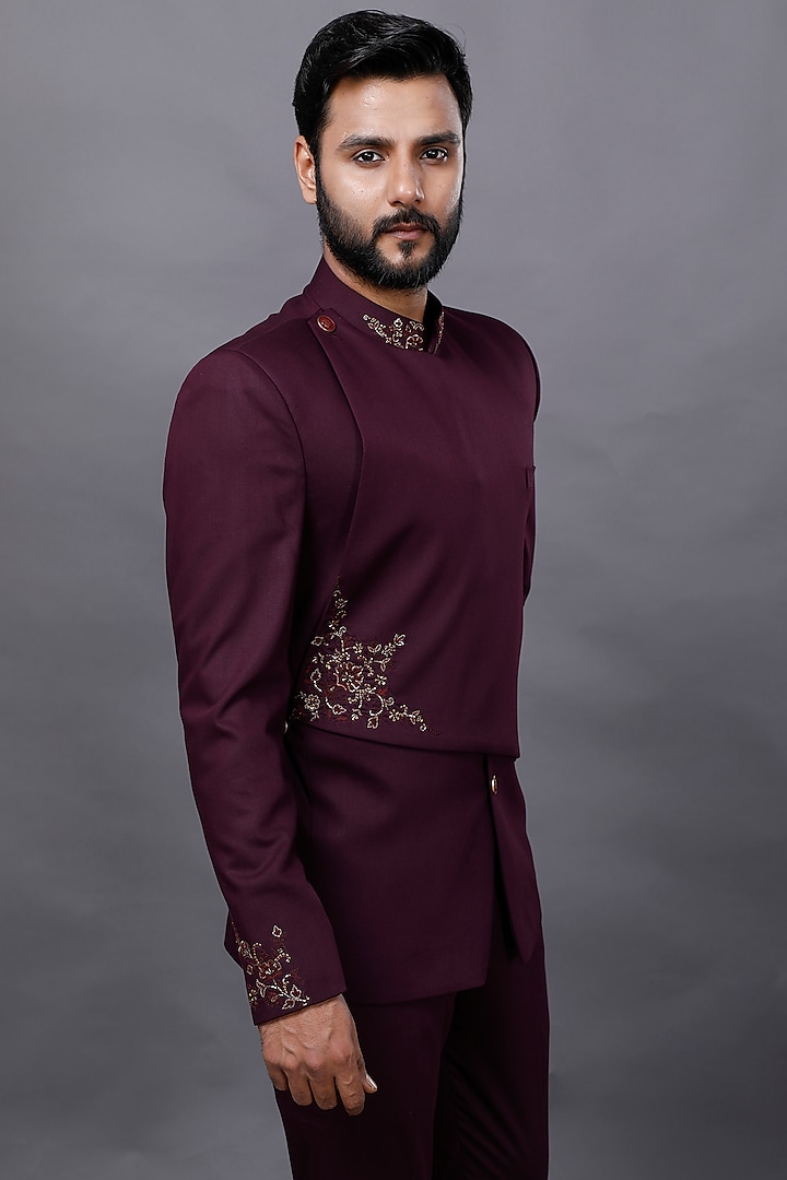 Wine Embroidered Wedding Bandhgala Set by AJAY KMR at Pernia's Pop Up Shop
