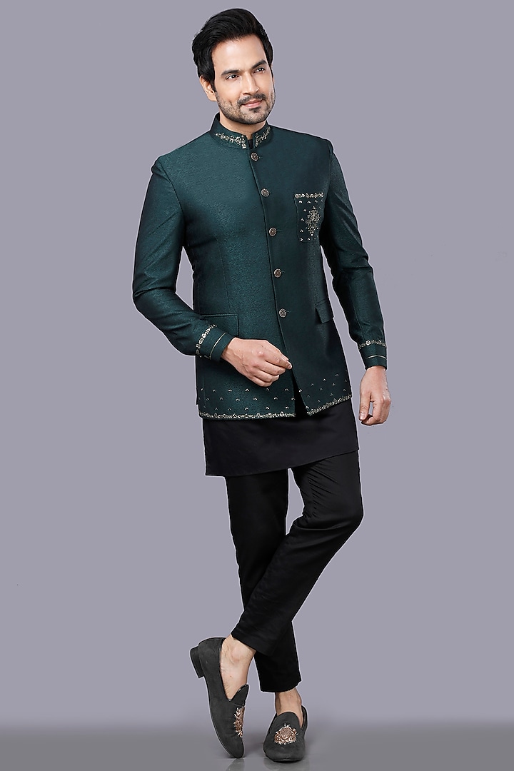 Bottle Green Embroidered Bandhgala Set by AJAY KMR