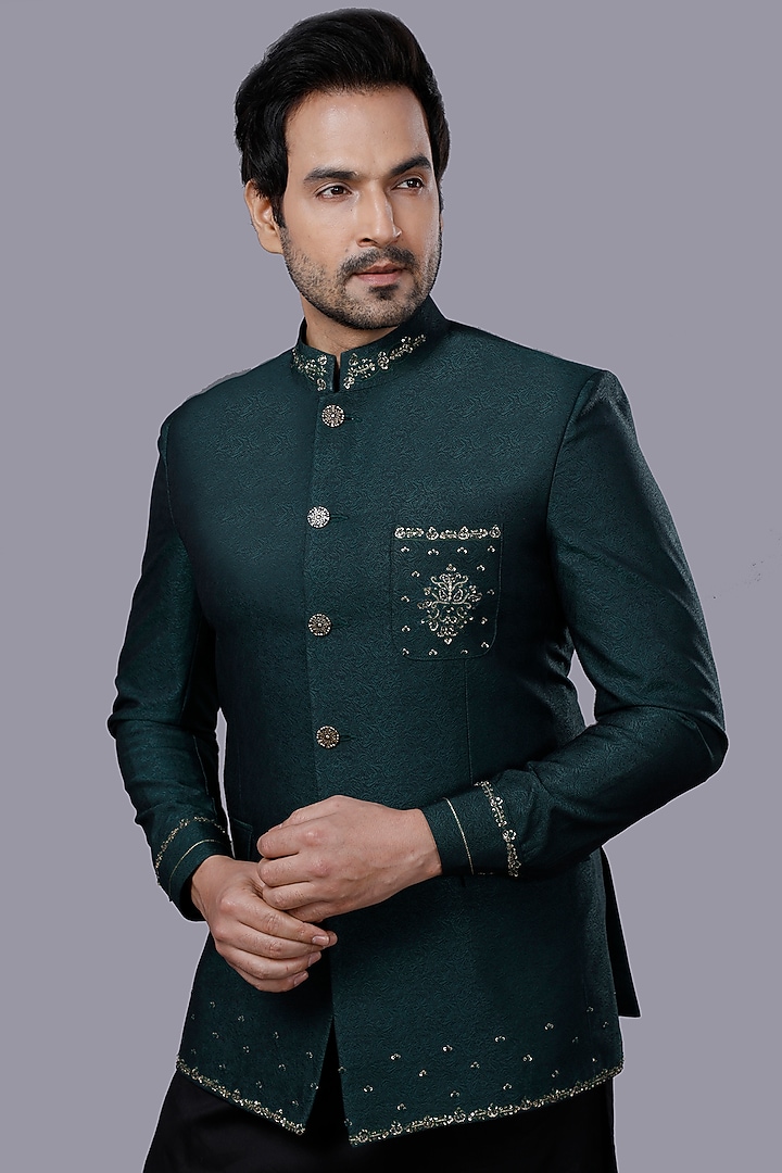 Bottle Green Embroidered Wedding Bandhgala Set by AJAY KMR at Pernia's Pop Up Shop