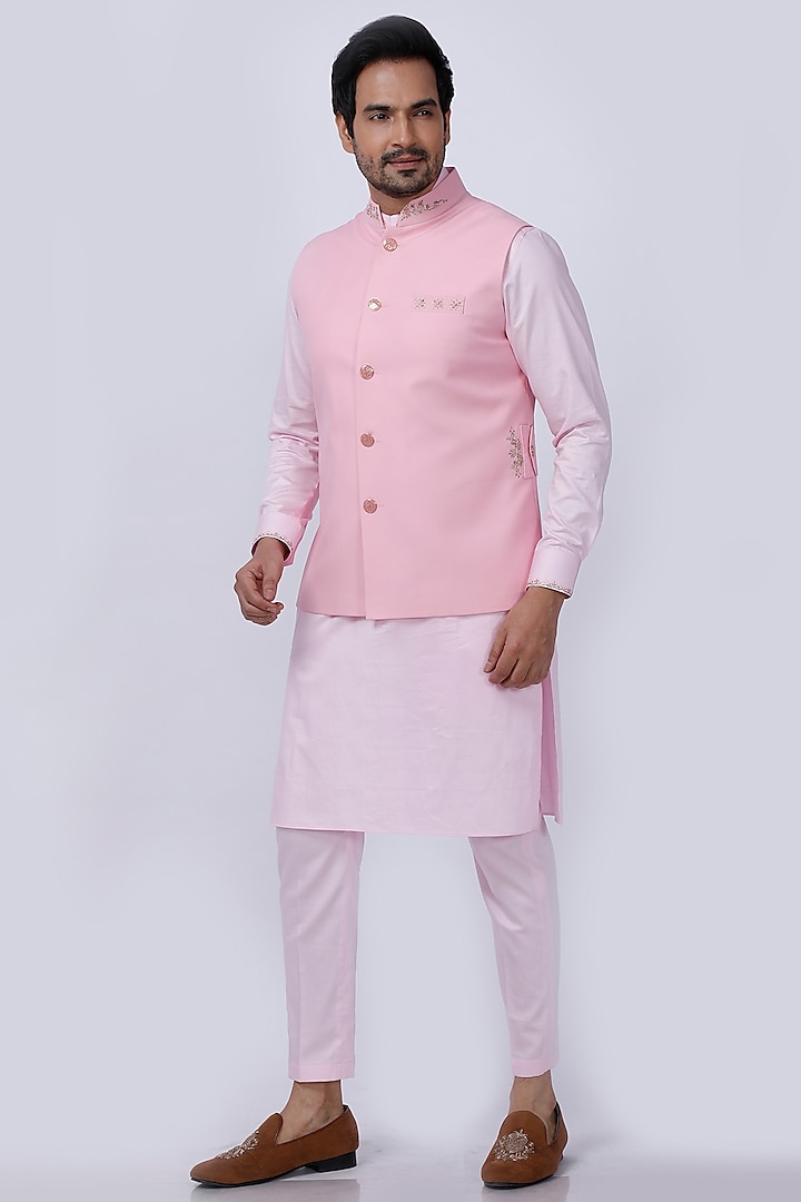 Light Pink Embroidered Kurta Set With Nehru Jacket by AJAY KMR at Pernia's Pop Up Shop