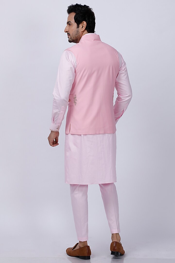 Light Pink Embroidered Kurta Set With Nehru Jacket by AJAY KMR at Pernia's Pop Up Shop