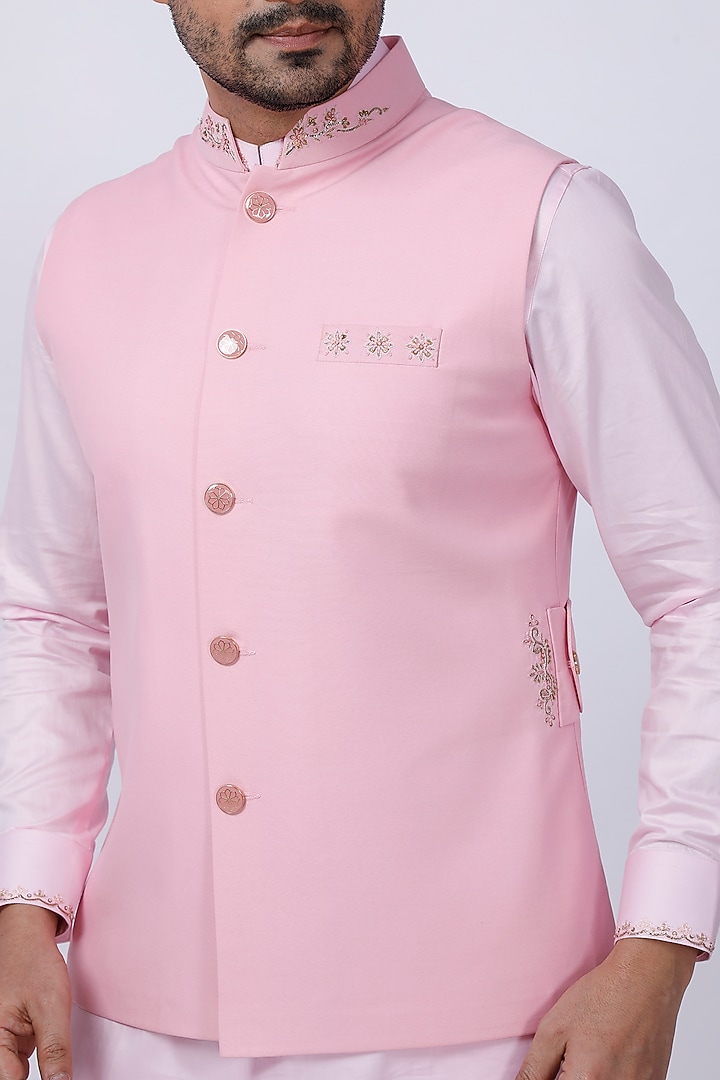 Light Pink Embroidered Kurta Set With Nehru Jacket by AJAY KMR at Pernia's Pop Up Shop