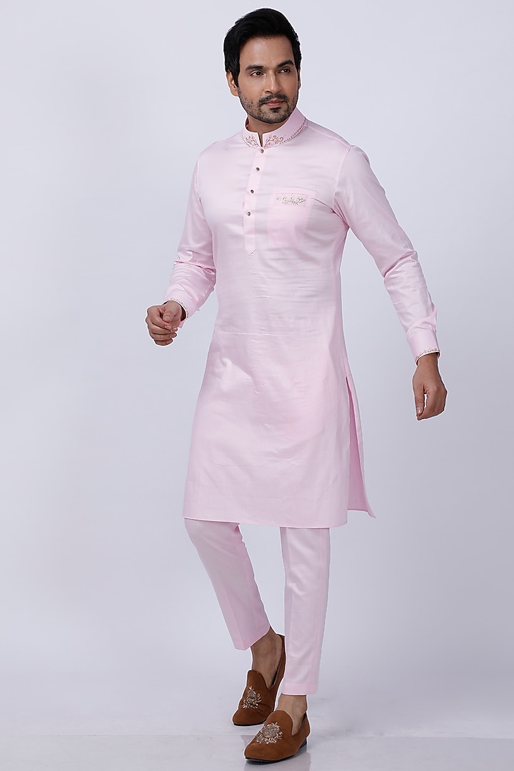 Light Pink Embroidered Kurta Set With Nehru Jacket by AJAY KMR at Pernia's Pop Up Shop