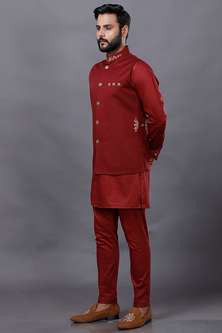 Red Embroidered Nehru Jacket With Kurta Set by AJAY KMR