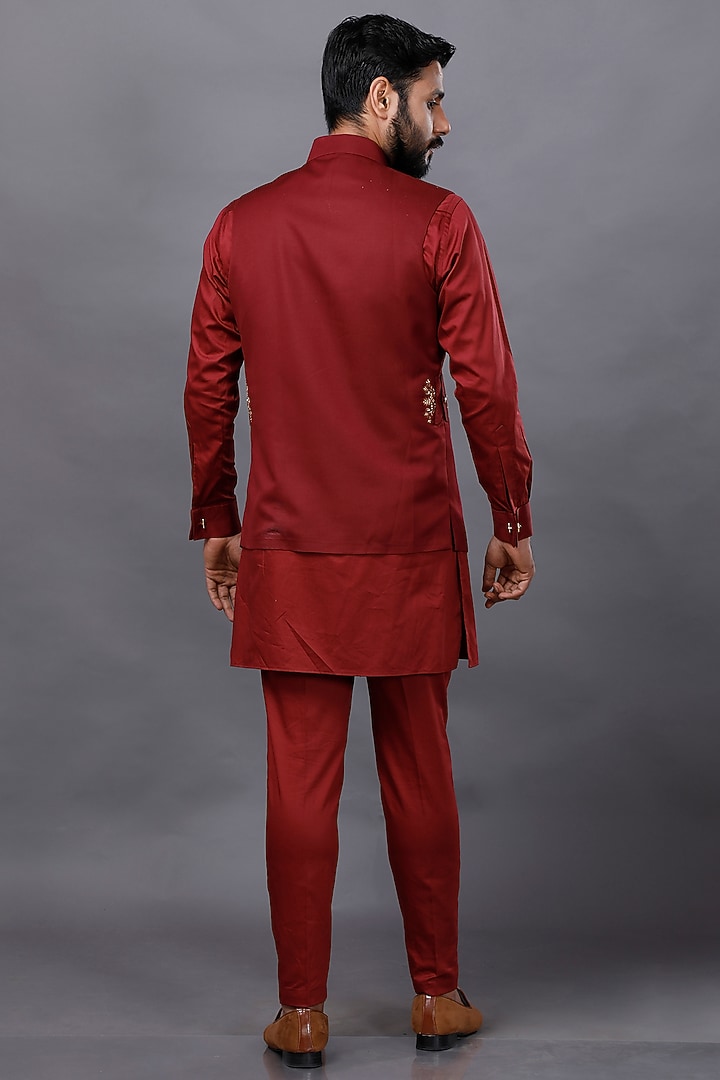 Red Suiting Zardosi Embroidered Nehru Jacket Set by AJAY KMR at Pernia's Pop Up Shop