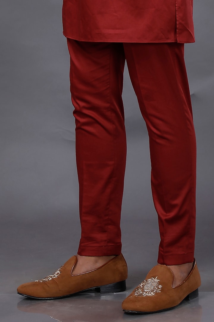 Red Suiting Zardosi Embroidered Nehru Jacket Set by AJAY KMR at Pernia's Pop Up Shop