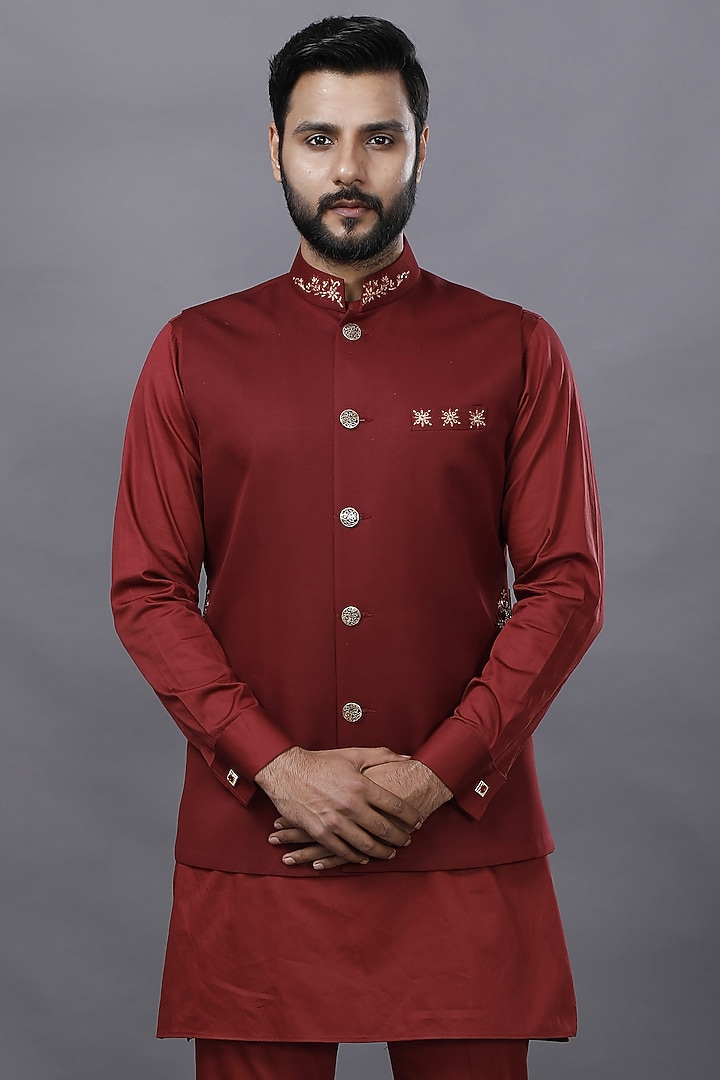 Red Suiting Zardosi Embroidered Nehru Jacket Set by AJAY KMR at Pernia's Pop Up Shop