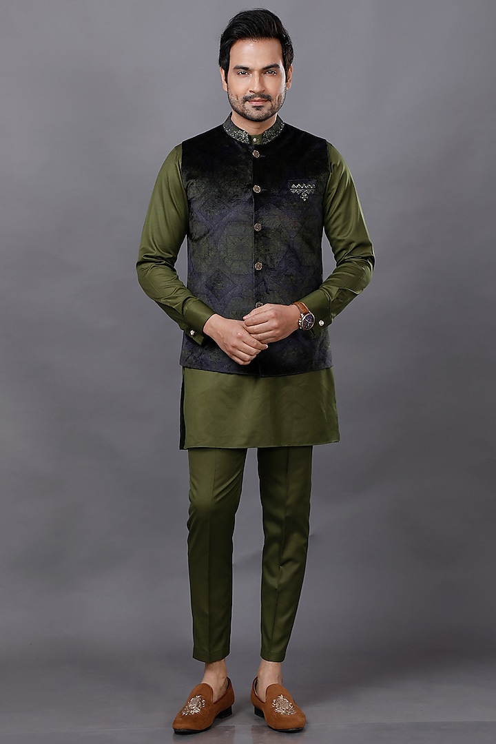 Olive Embroidered Nehru Jacket With Kurta Set by AJAY KMR