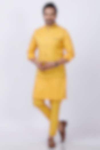 Yellow Embroidered Kurta Set With Nehru Jacket by AJAY KMR