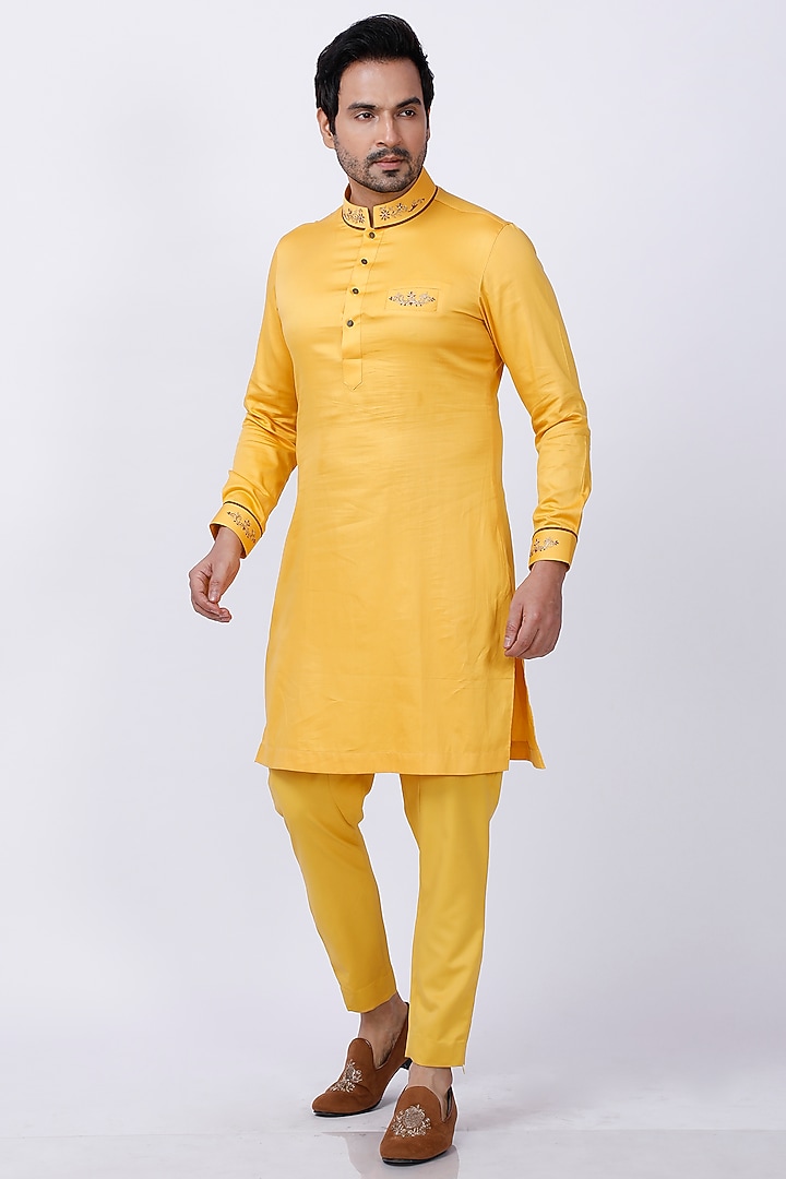 Yellow Suiting Zardosi Embroidery Bundi Jacket Set by AJAY KMR at Pernia's Pop Up Shop