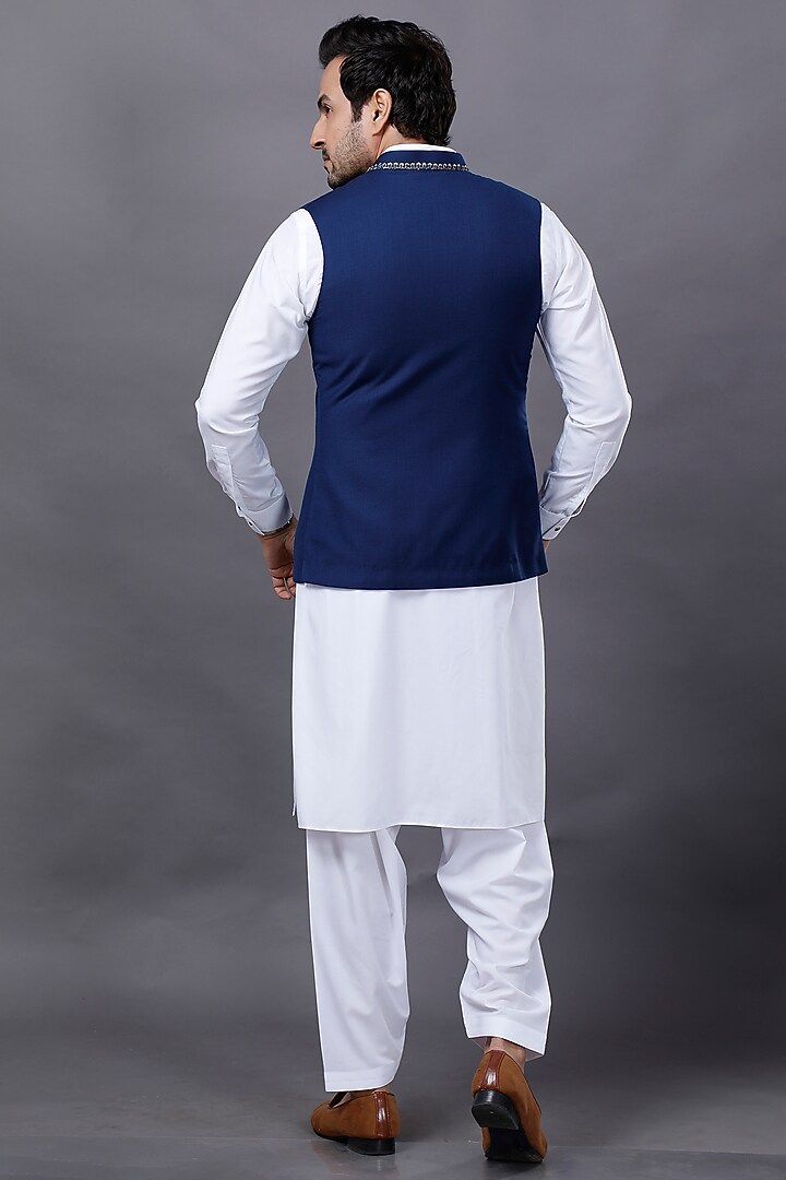 Blue Suiting Zardosi Embroidered Nehru Jacket Set by AJAY KMR at Pernia's Pop Up Shop