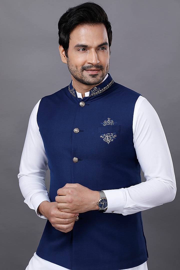 Blue Suiting Zardosi Embroidered Nehru Jacket Set by AJAY KMR at Pernia's Pop Up Shop