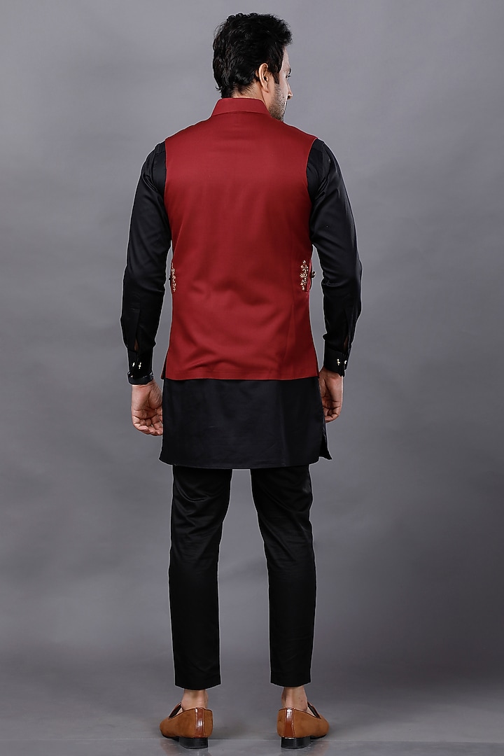 Red Suiting Zardosi Embroidered Nehru Jacket Set by AJAY KMR at Pernia's Pop Up Shop