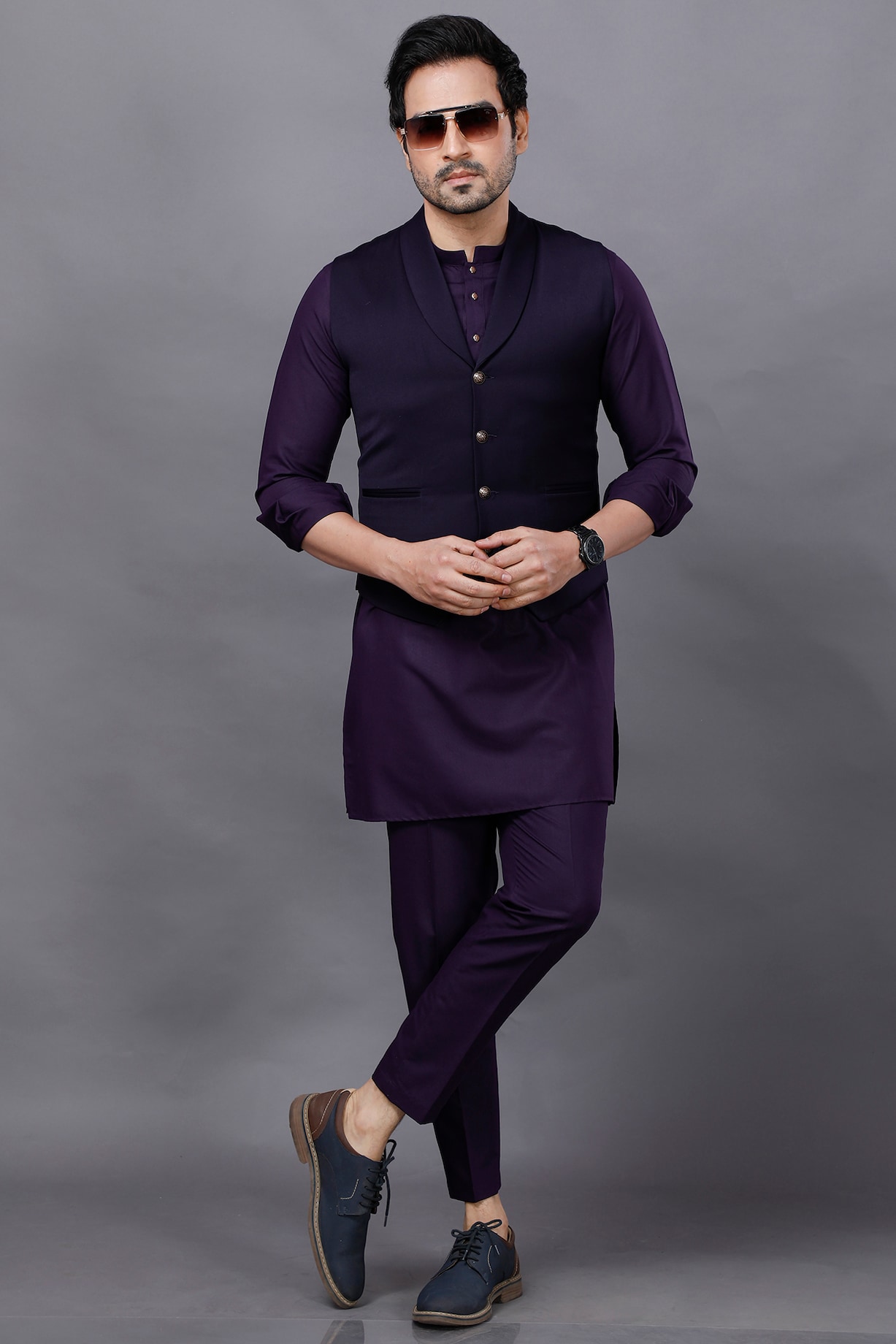 Purple Viscose Kurta Set With Waist Coat by AJAY KMR at Pernia's