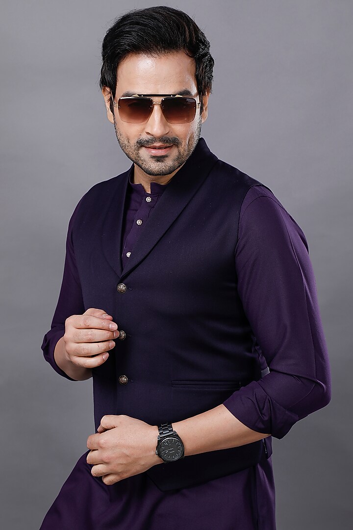 Purple Viscose Kurta Set With Waist Coat by AJAY KMR at Pernia's Pop Up Shop