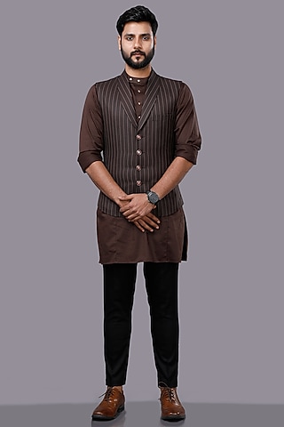 Brown Cotton & Viscose Striped Waistcoat Set by AJAY KMR