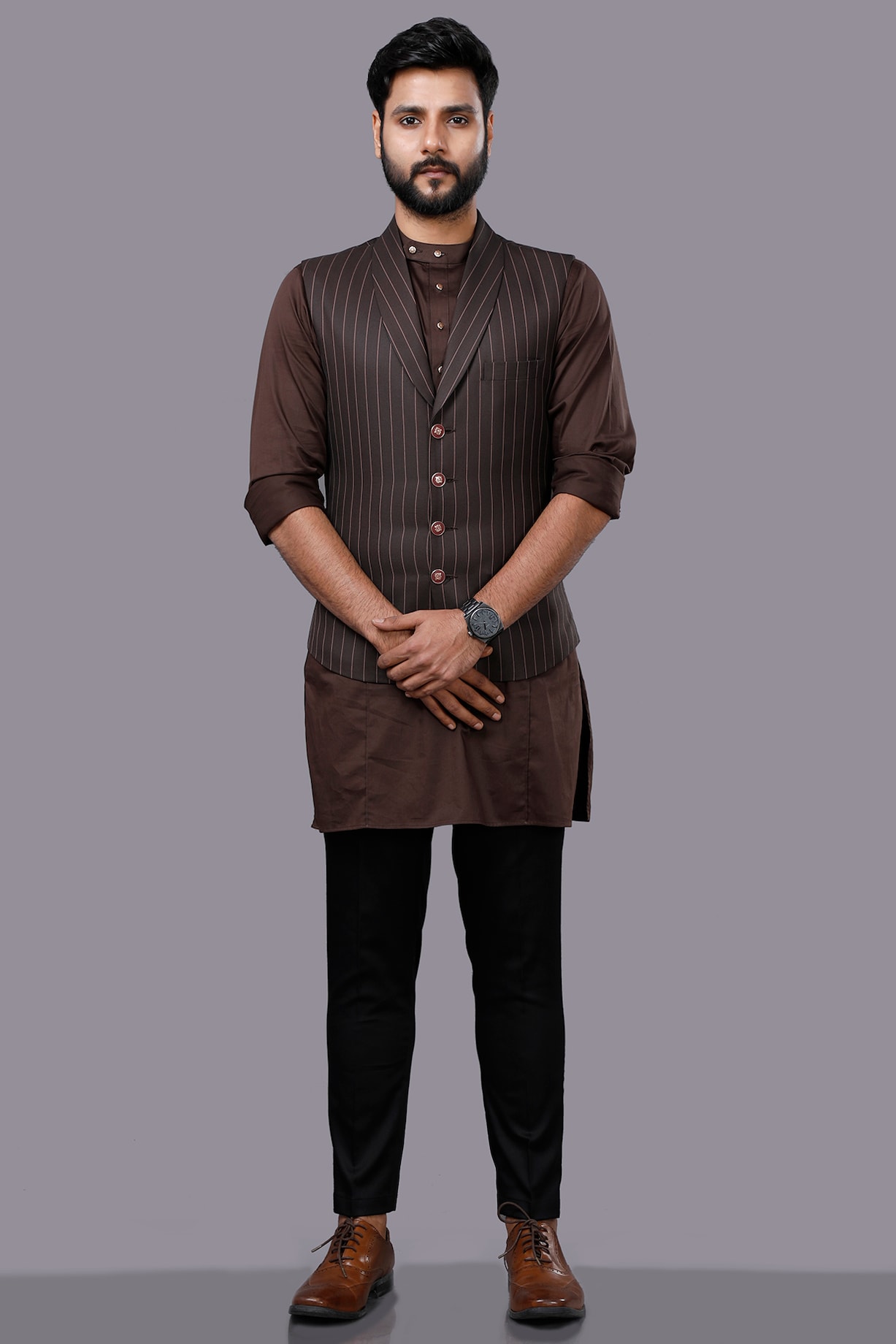 Brown Cotton Viscose Striped Waistcoat Set by AJAY KMR at