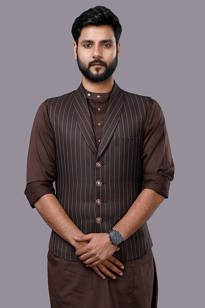 Brown Cotton & Viscose Striped Waistcoat Set by AJAY KMR at Pernia's Pop Up Shop