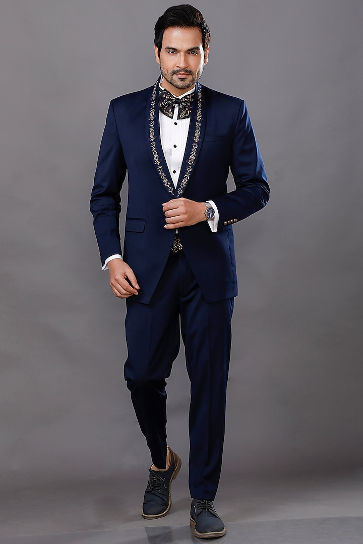 Navy Blue Embroidered Tuxedo Set by AJAY KMR