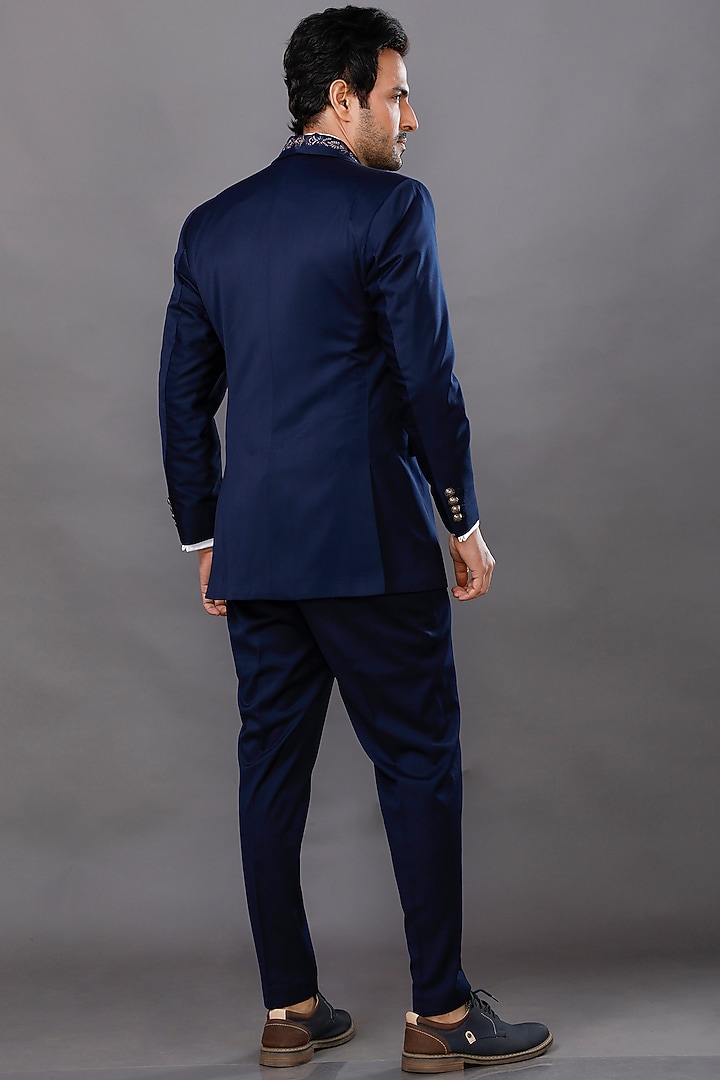 Navy Blue Embroidered Tuxedo Set by AJAY KMR at Pernia's Pop Up Shop