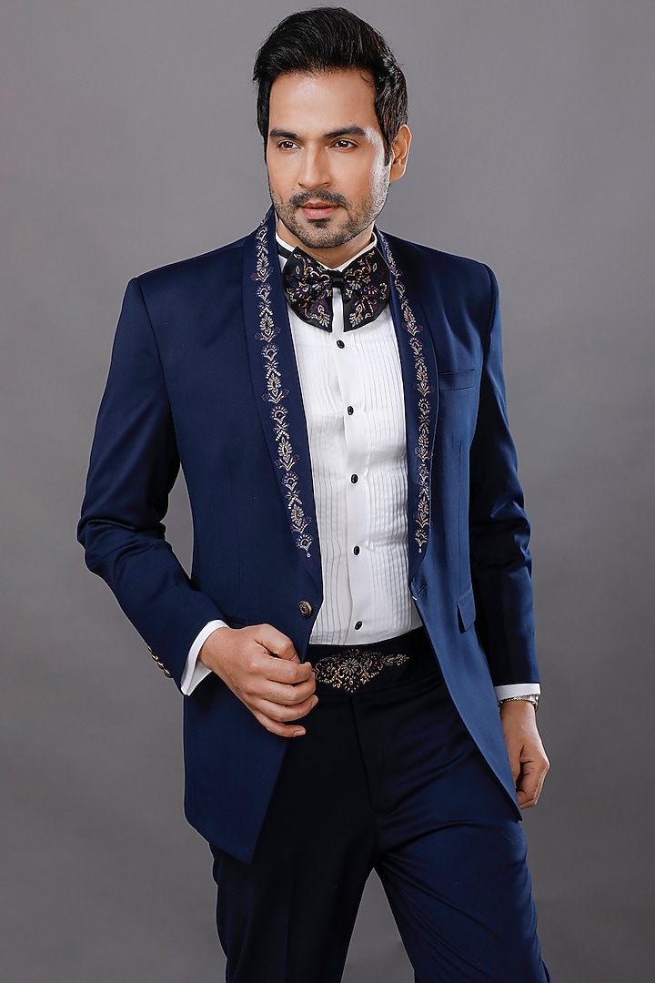 Navy Blue Embroidered Tuxedo Set by AJAY KMR at Pernia's Pop Up Shop