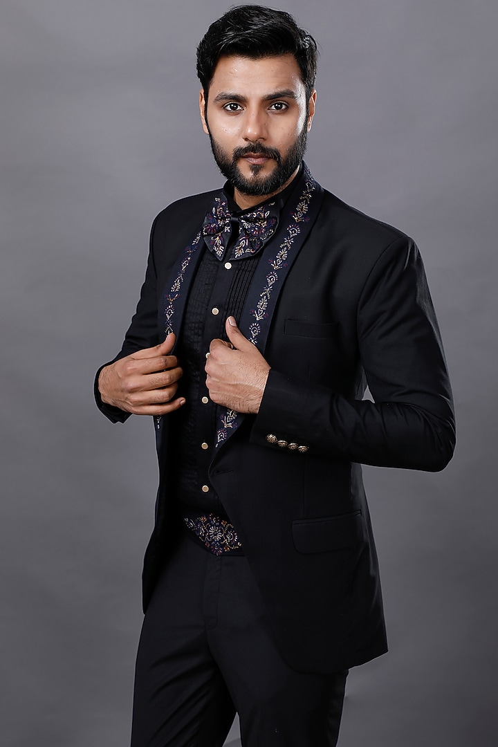 Black Hand Embroidered Tuxedo Set by AJAY KMR at Pernia's Pop Up Shop