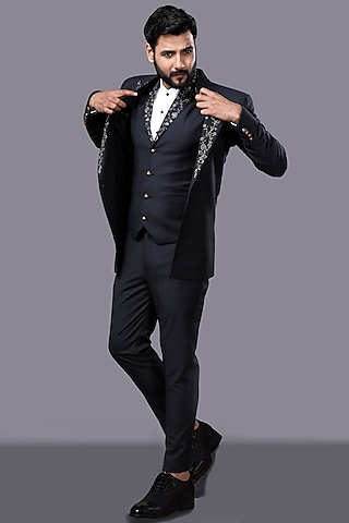 Grey Hand Embroidered Tuxedo Set by AJAY KMR