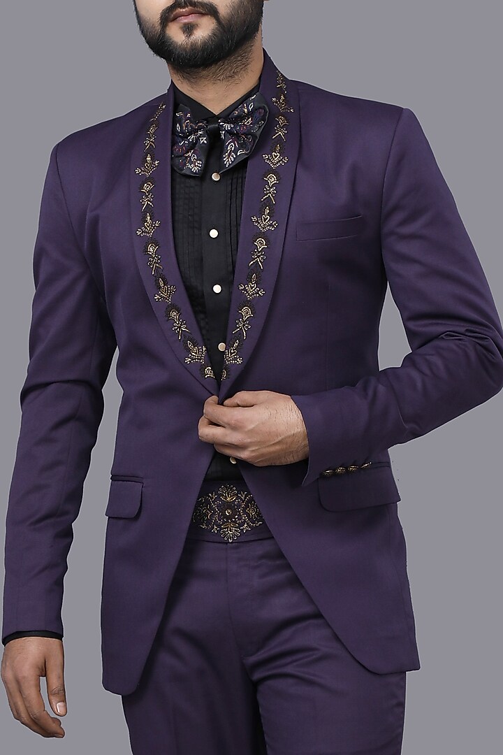 Wine Hand Embroidered Tuxedo Set by AJAY KMR at Pernia's Pop Up Shop