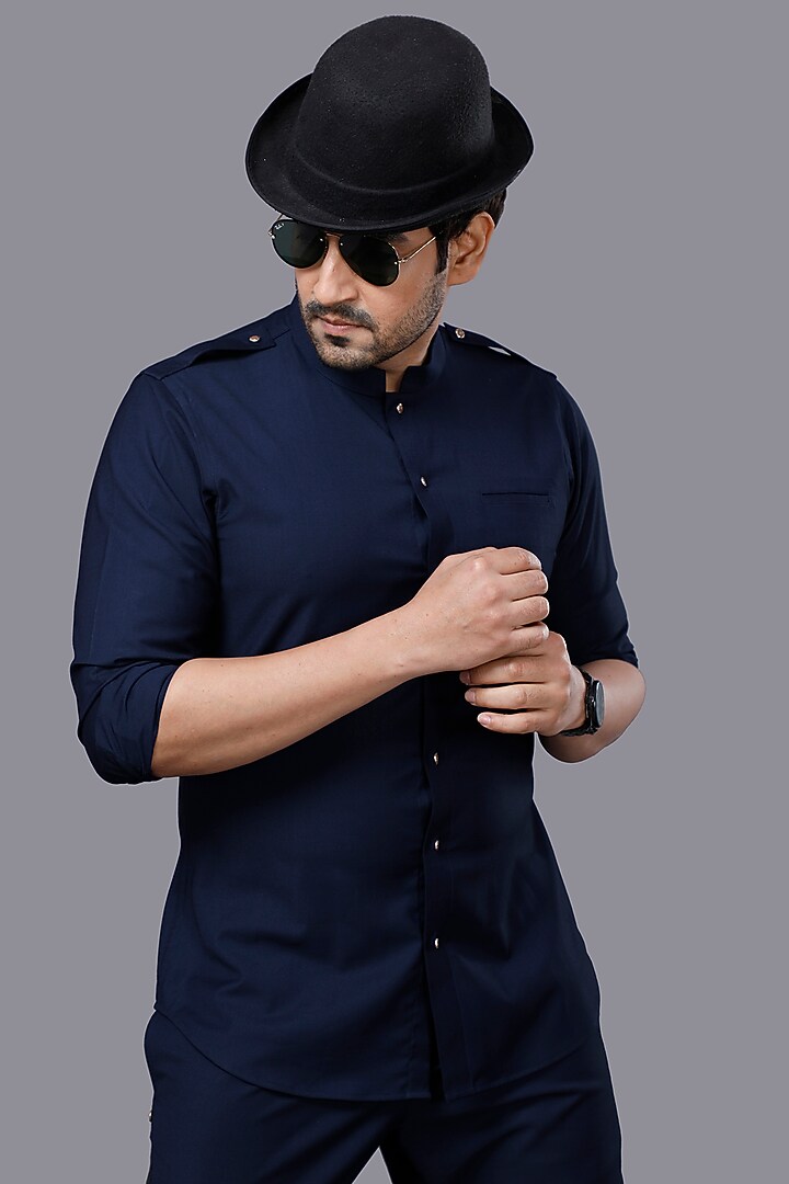 Navy Blue Cotton Pant Set by AJAY KMR at Pernia's Pop Up Shop