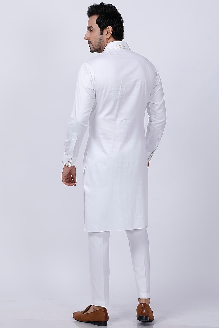 White Mercerised Cotton Embroidered Kurta Set by AJAY KMR at Pernia's Pop Up Shop