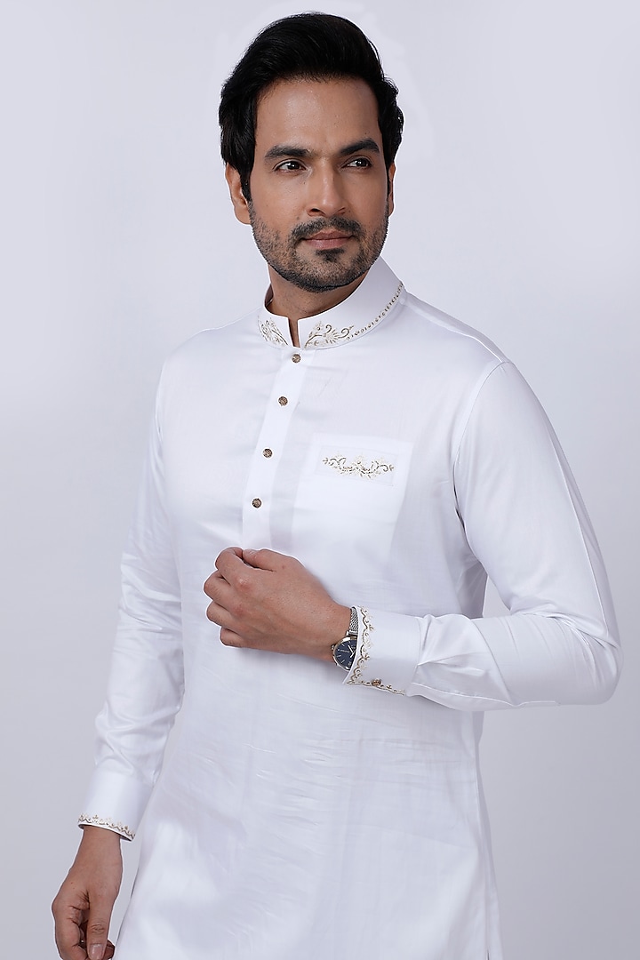 White Mercerised Cotton Embroidered Kurta Set by AJAY KMR at Pernia's Pop Up Shop