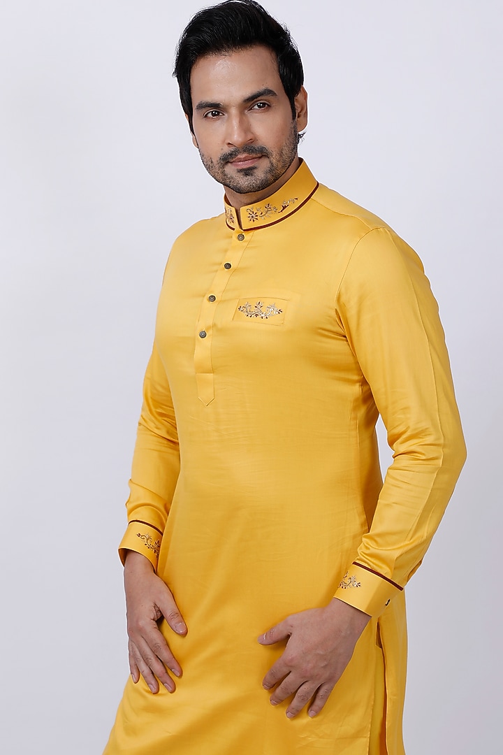 Yellow Cotton Embroidered Kurta Set by AJAY KMR at Pernia's Pop Up Shop