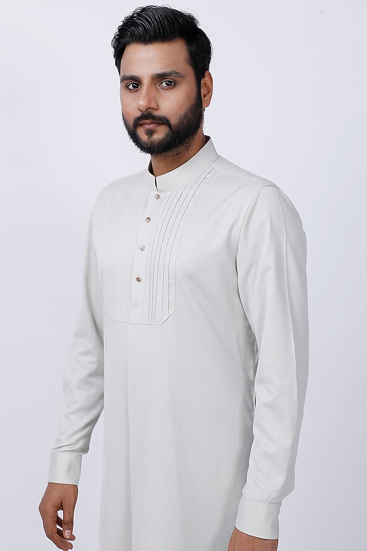 Beige Cotton Embroidered Pleated Kurta Set by AJAY KMR at Pernia's Pop Up Shop