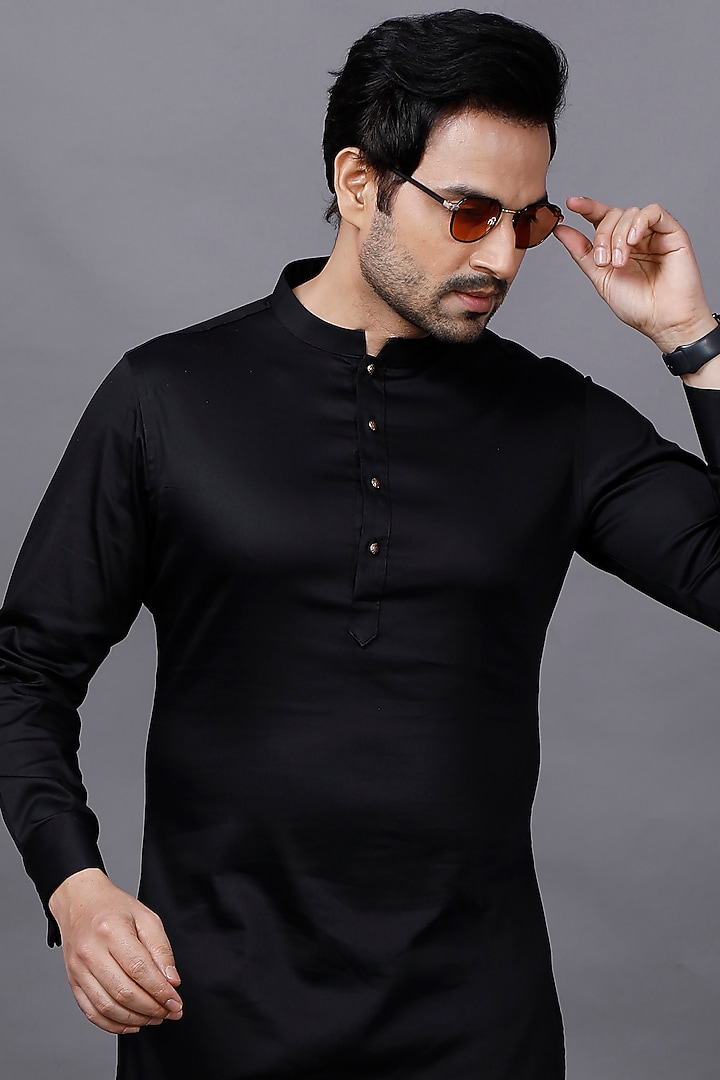 Black Mercerised Cotton Kurta Set by AJAY KMR at Pernia's Pop Up Shop