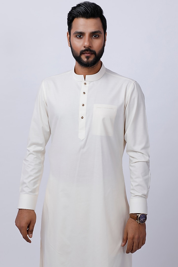 Beige Cotton Rayon Embroidered Kurta Set by AJAY KMR at Pernia's Pop Up Shop