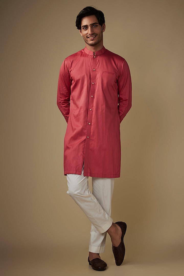 Peach Twill Cotton Abstract Printed Kurta Set by AJAY KMR