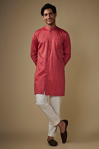 Peach Twill Cotton Abstract Printed Kurta Set by AJAY KMR