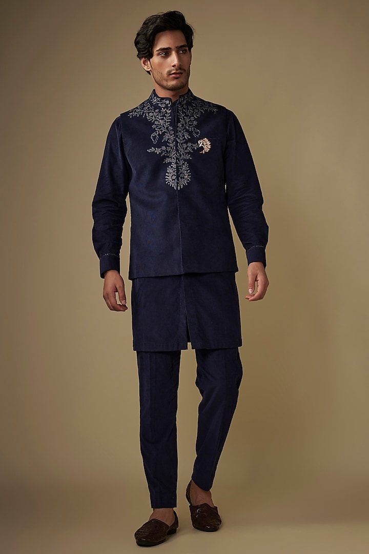 Blue Corduroy Brocade Abstract Printed & Hand Embroidered Bundi Jacket Set by AJAY KMR