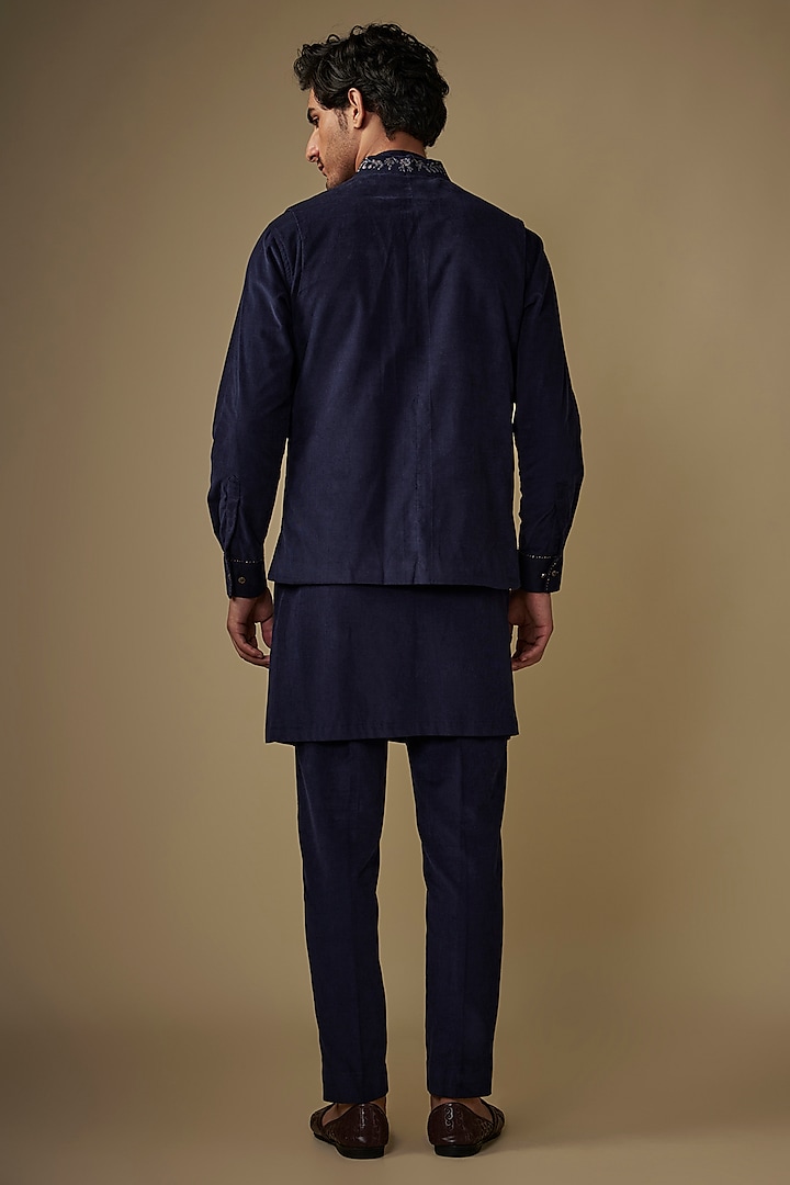 Blue Corduroy Brocade Abstract Printed & Hand Embroidered Bundi Jacket Set by AJAY KMR at Pernia's Pop Up Shop