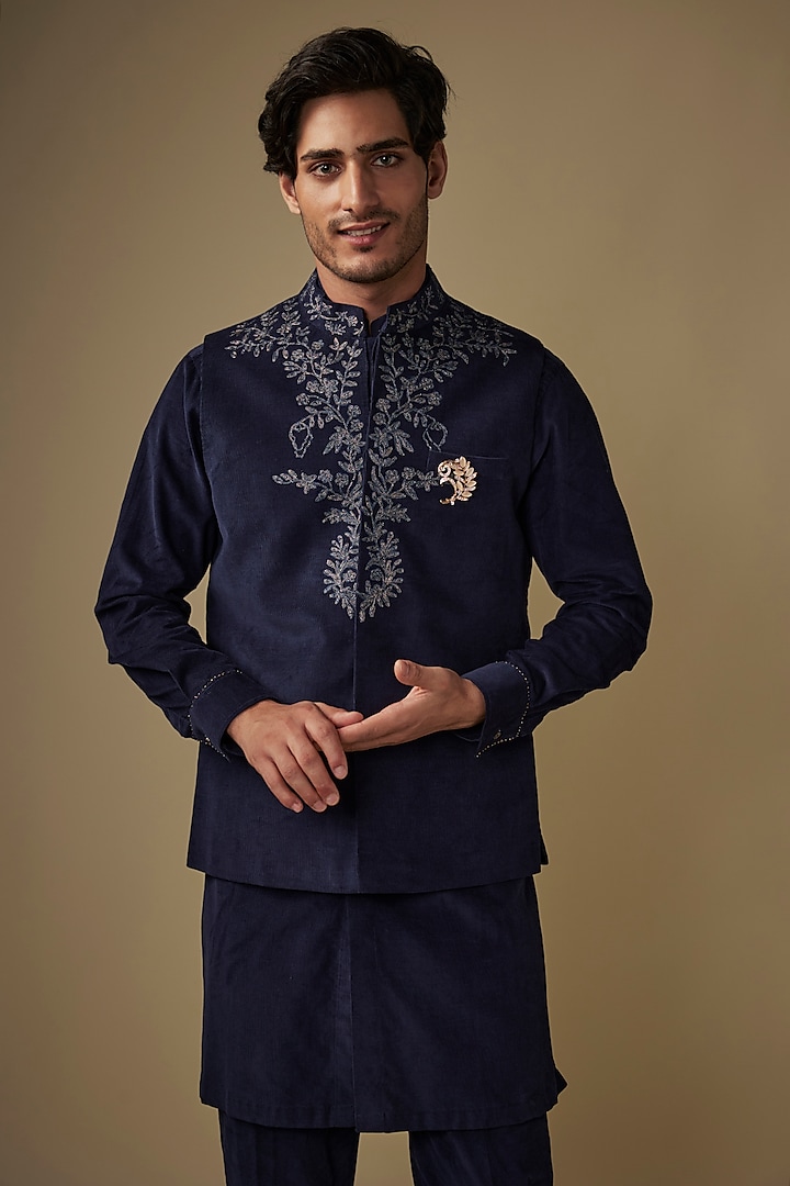 Blue Corduroy Brocade Abstract Printed & Hand Embroidered Bundi Jacket Set by AJAY KMR at Pernia's Pop Up Shop