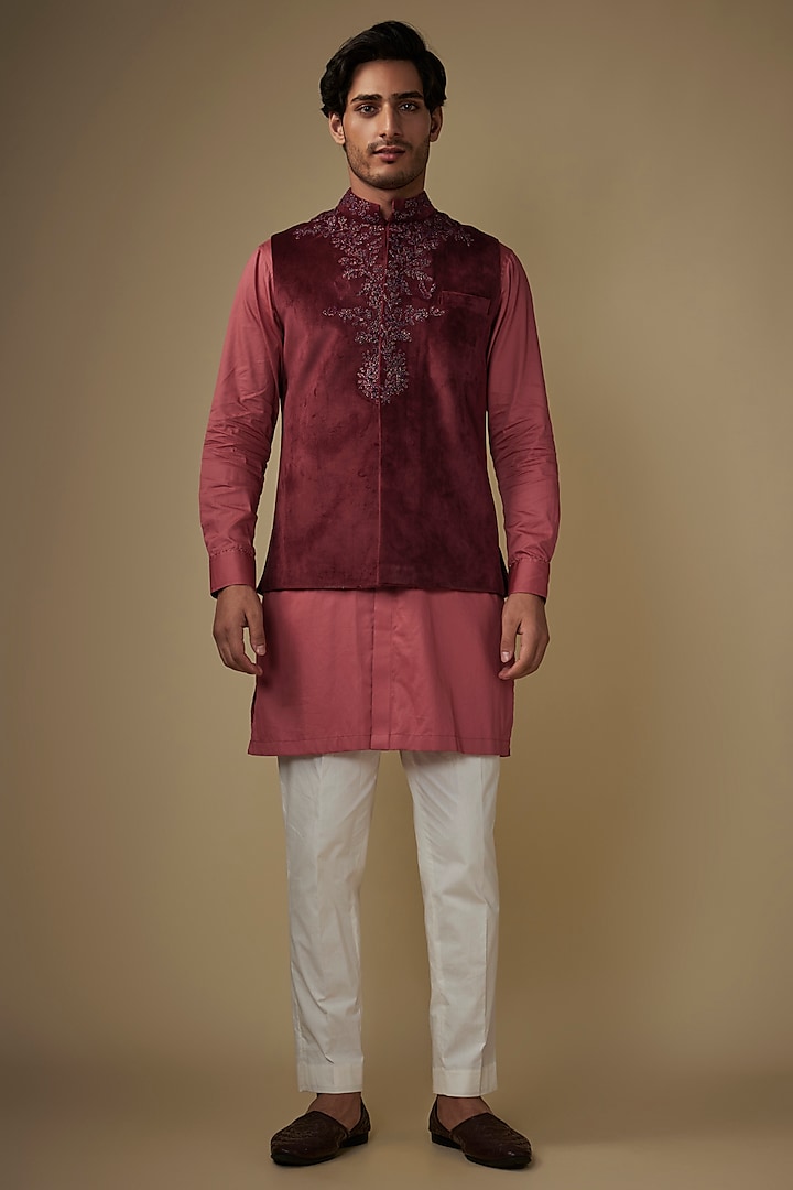 Maroon Velvet Abstract Printed & Hand Embroidered Bundi Jacket Set by AJAY KMR