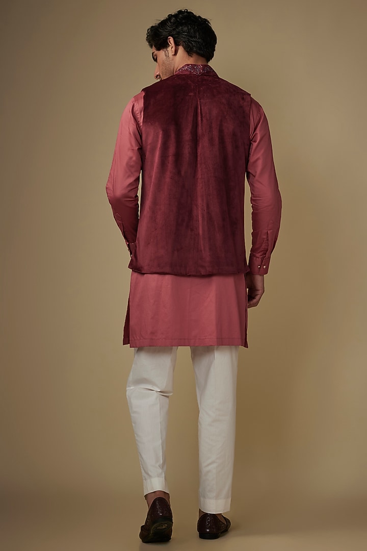 Maroon Velvet Abstract Printed & Hand Embroidered Bundi Jacket Set by AJAY KMR at Pernia's Pop Up Shop