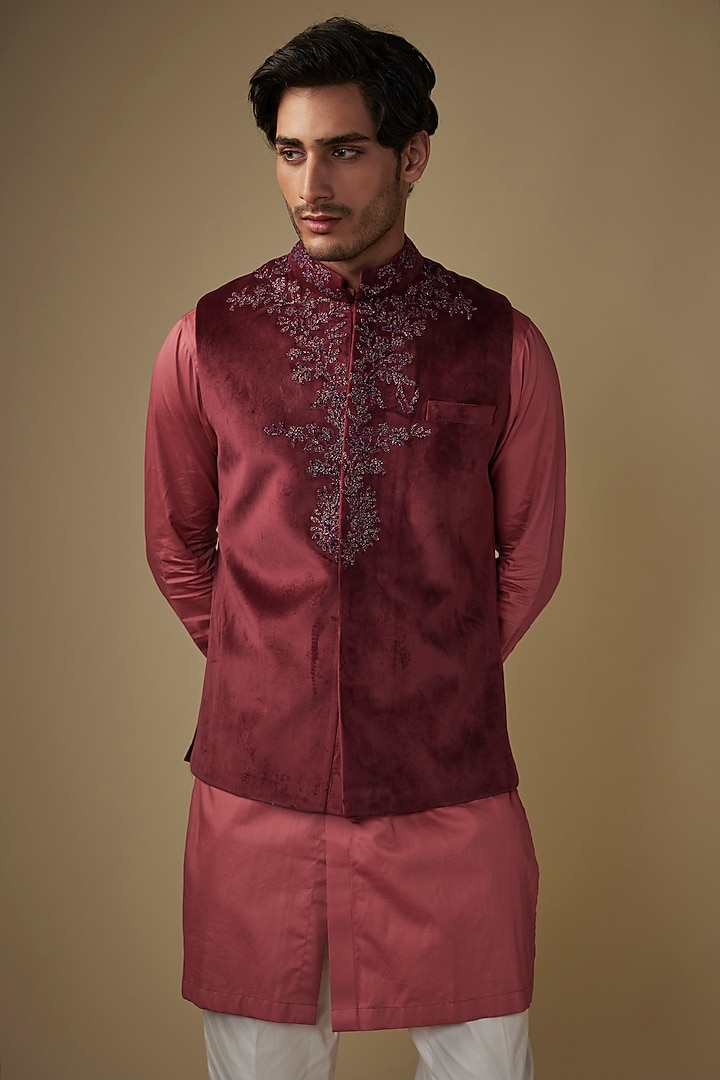 Maroon Velvet Abstract Printed & Hand Embroidered Bundi Jacket Set by AJAY KMR at Pernia's Pop Up Shop